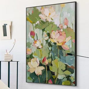 Green Textured Oil Painting on Canvas 3D Texture Painting Floral Wall Art Colorful Green Flower Painting Living Room Wall Art