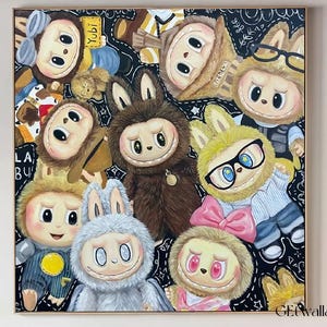 Larger Labubu Oil Painting For Livingroom Decor Labubu Canvas Art Customized Oil Painting Gift for Her Cartoon Art Modern Labubu Wall Art