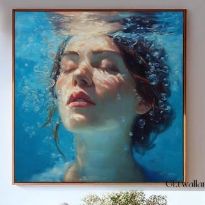 Woman wall art a girl diving into the blue sea oil painting  swimming girl wall art woman swimming art summer wall art customized gift
