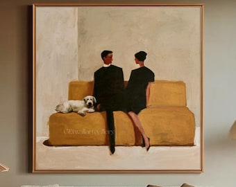 Vintage Couple with Dog Wall Art Contemporary Family Painting Lifestyle Figurative Artwork