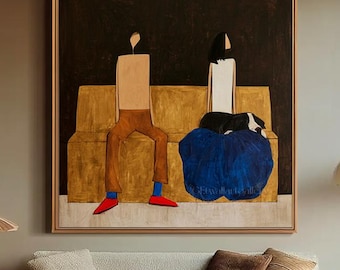 Modern Couple with Dog Wall Art Contemporary Figure Family Painting Minimalist Figurative Artwork