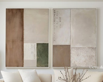 Juego de 2 cuadros de pared con textura marrón, 2 cuadros de pared en beige y marrón, un par de cuadros minimalistas en beige y marrón sobre lienzo para sala de estar