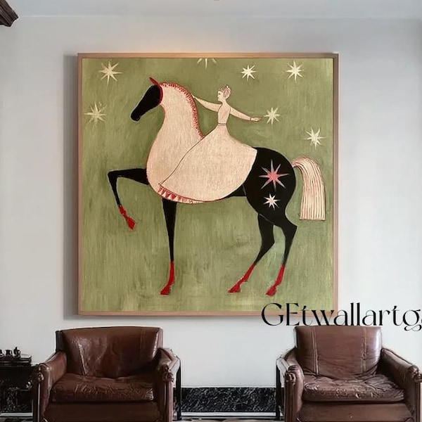 Vintage Abstract Horse & Figure Canvas Art Olive Green Textured Wall Art Dancing on th Horse Figurative Oil Painting