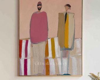 Modern Figurative Wall Art, Abstract Couple Painting, Pink Fashion Portrait, Large Neutral Home Decor