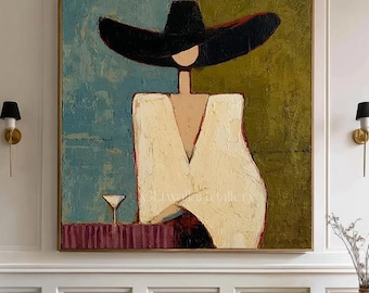 Cowgirl Abstract Painting, Faceless Girl With the Big Hat Canvas Wall Art, Sage Green Canvas Decor