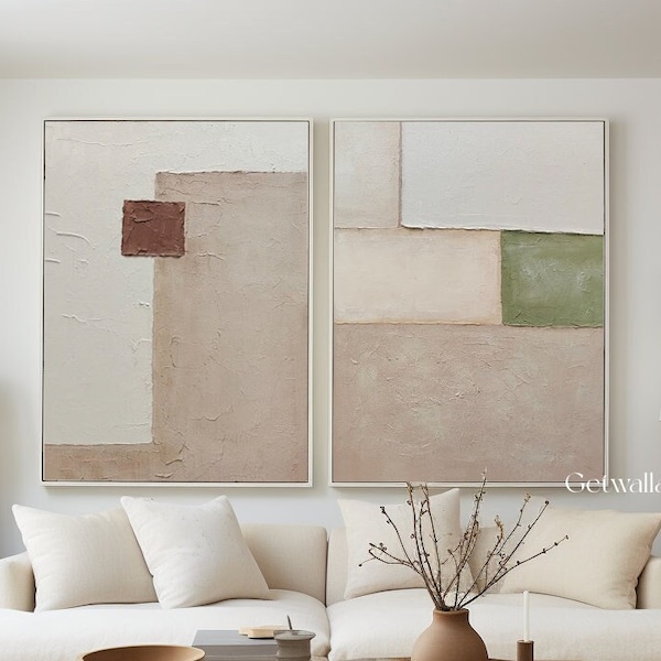 Conjunto de 2 arte de pared minimalista beige conjunto de arte de pared con textura geométrica de 2 arte de lienzo enmarcado conjunto de 2 arte de pared para arte beige de sala de estar