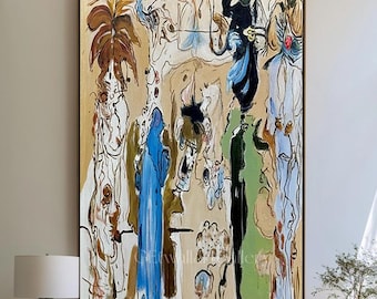 Abstract Figures Wall Art, Surreal Figurative Painting, Dreamlike Group Portrait, Modern Expressionist Artwork, Neutral Contemporary Decor