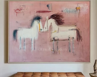 Abstract Two Horses Painting, Original Pink Graffiti Wall Art, Warm Tone Canvas For Bedroom Decor