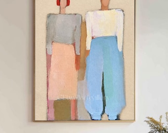 Original Figurative Oil Painting, Two Figure Wall Art,  Larger beige neutral canvas decor