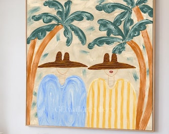 Cowboy & Cowgirl Wall Art, Couple Figurative Canvas, Beige Beach Painting, Summer Landscape Artwork
