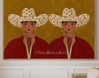 Cowgirl Wall Art, Double Woman Portrait Canvas, Female Artwork Decor, Figure Painting