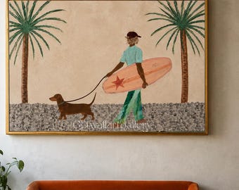 Surf  Wall Art, Walking Man with Dachshund Canvas, Warm Tone Home Decor