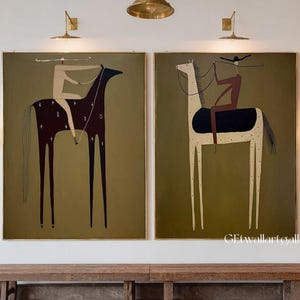 Conjunto de 2 quadros decorativos com tema de cowboy e cowgirl do Velho Oeste. Conjunto de duas pinturas abstratas de casal, arte figurativa original, cavaleiro e fazenda.