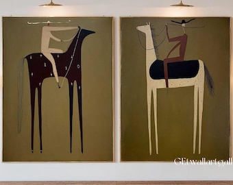 Set of 2 western cowboy and cowgirl wall art set of two paintings abstract couple wall art original figurative art horse rider farm wall art