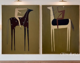 Set of 2 western cowboy and cowgirl oil painting set of two abstract man and woman wall art Japandi figure painting brown wabi-sabi art