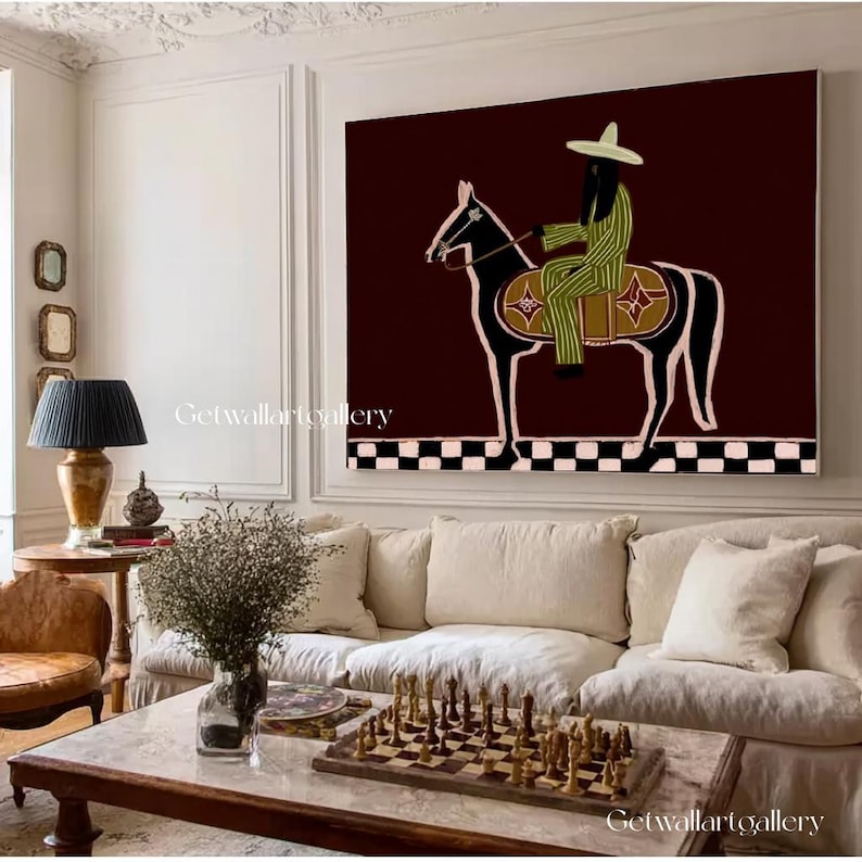 Abstract Woman Horse Rider Oil Painting, Red & Green Textured Wall Art ...