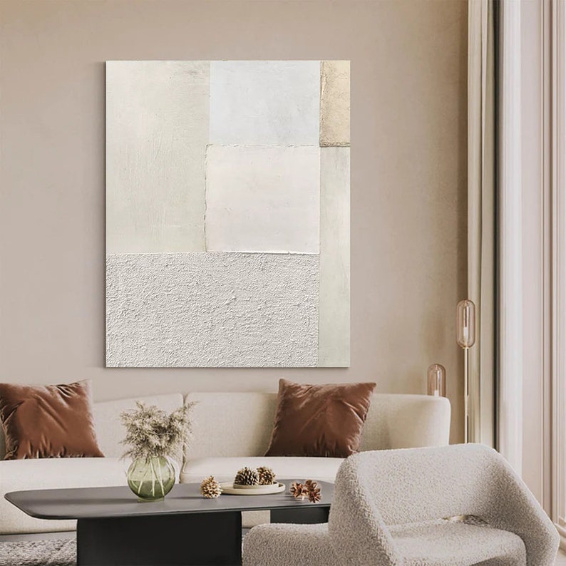 Pure white textured wall art pure beige canvas art white 3d textured painting for livingroom white and beige geometric abstract art decor image 5