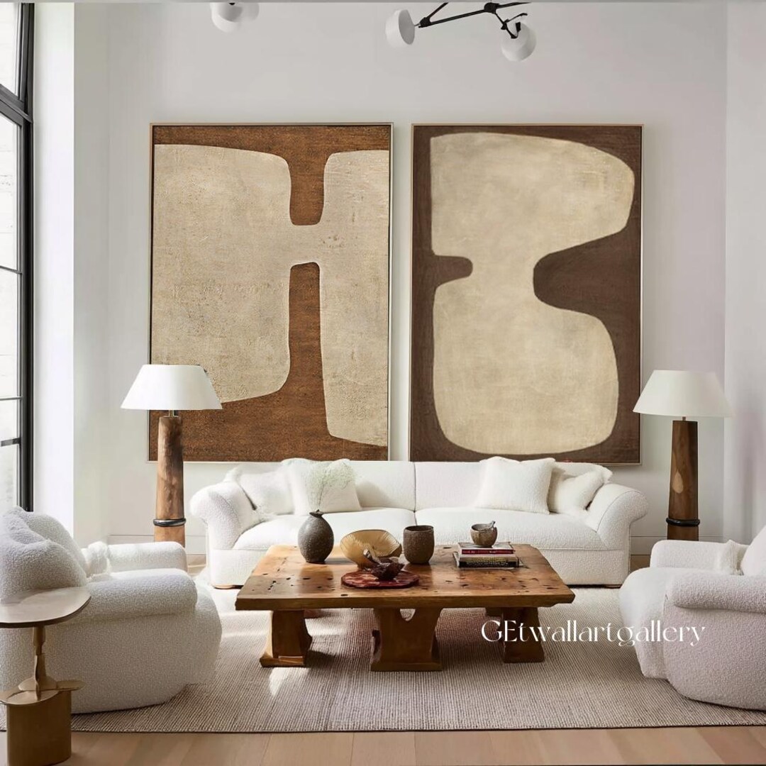 Set of 2 Brown Wabi Sabi Wall Art 2 Piece Brown Beige Painting on ...