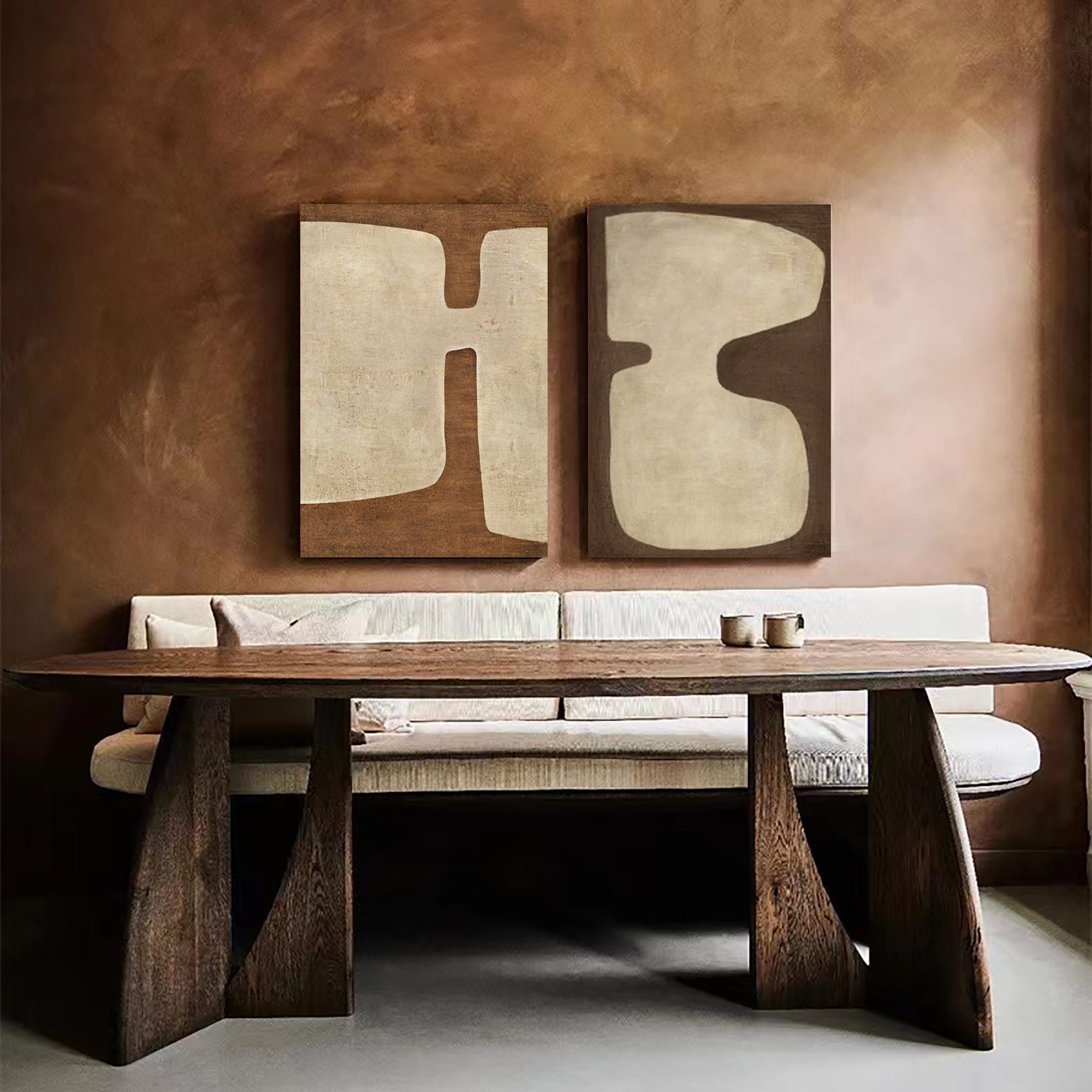 Set of 2 Brown Wabi Sabi Wall Art 2 Piece Brown Beige Painting on ...