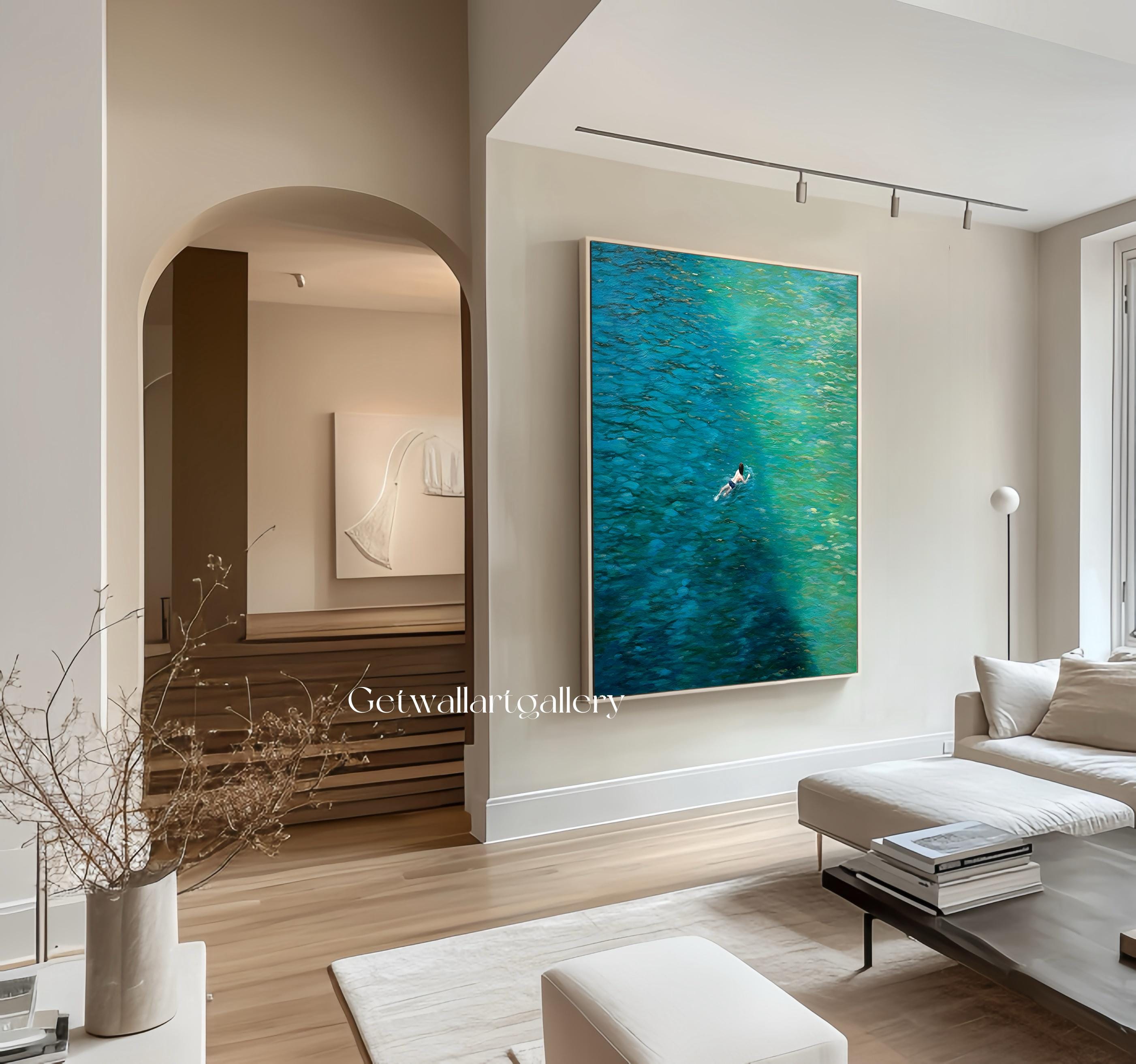 Original Blue Abstract Landscape Wall Art Tiny People Swimming in a ...