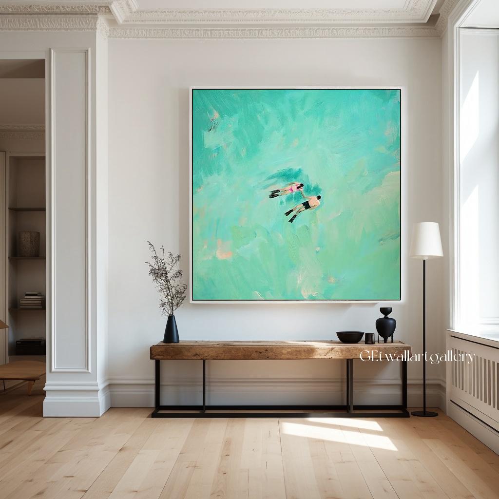 Swimmer Wall Art Tiny Swimmer Oil Painting Man and Woman Swiming Together on the Sea Painting Larger Green Sea Textured Art Customized Gift