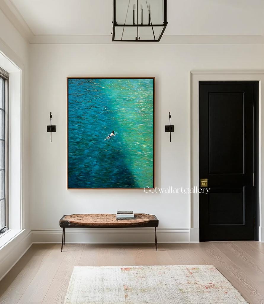 Original Blue Abstract Landscape Wall Art Tiny People Swimming in a ...