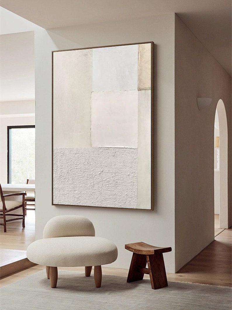 Pure white textured wall art pure beige canvas art white 3d textured painting for livingroom white and beige geometric abstract art decor image 1