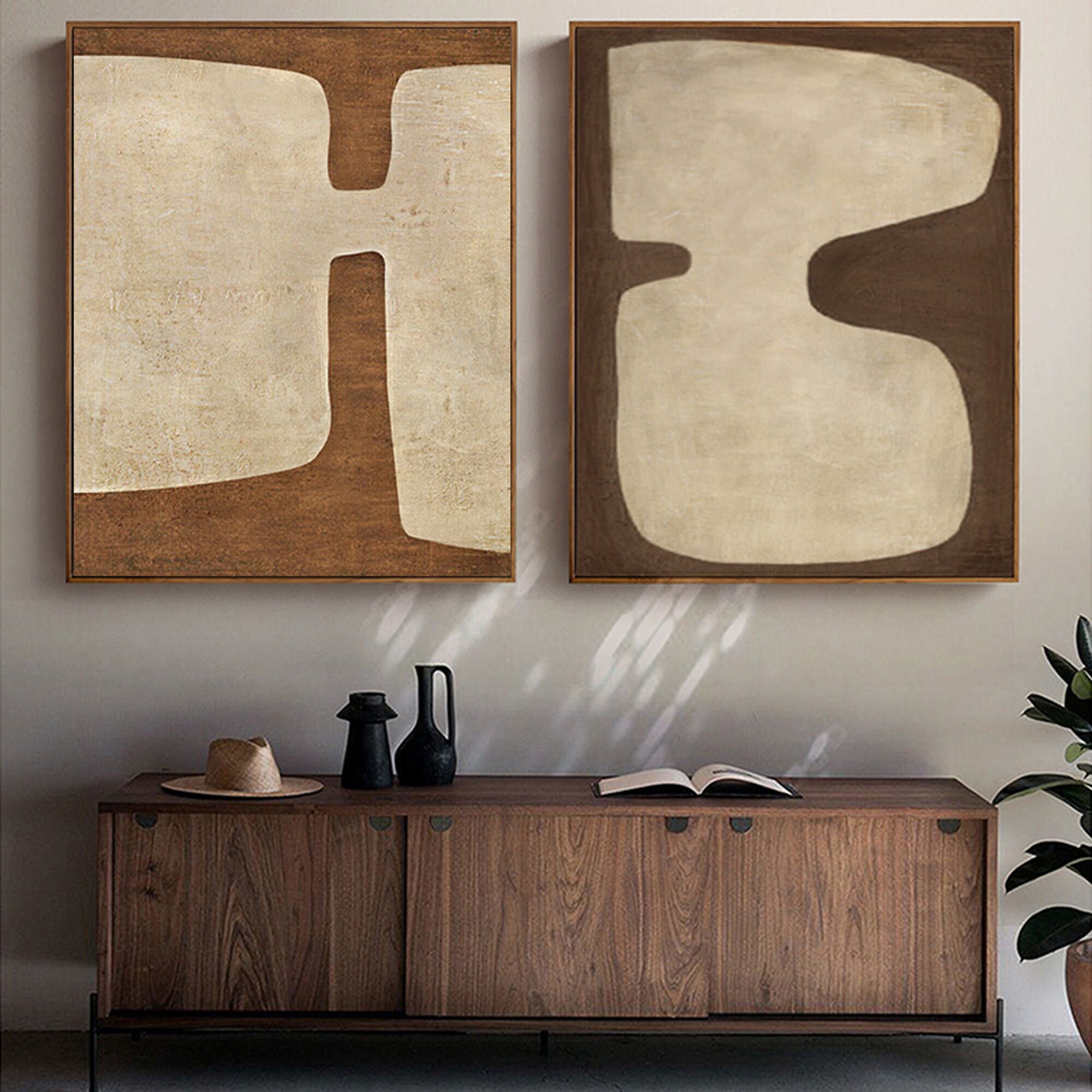 Set of 2 Brown Wabi Sabi Wall Art 2 Piece Brown Beige Painting on ...