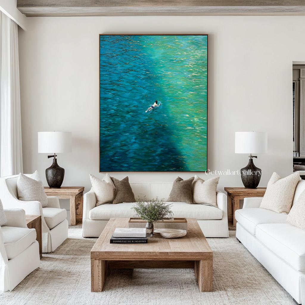 Original Blue Abstract Landscape Wall Art Tiny People Swimming in a ...