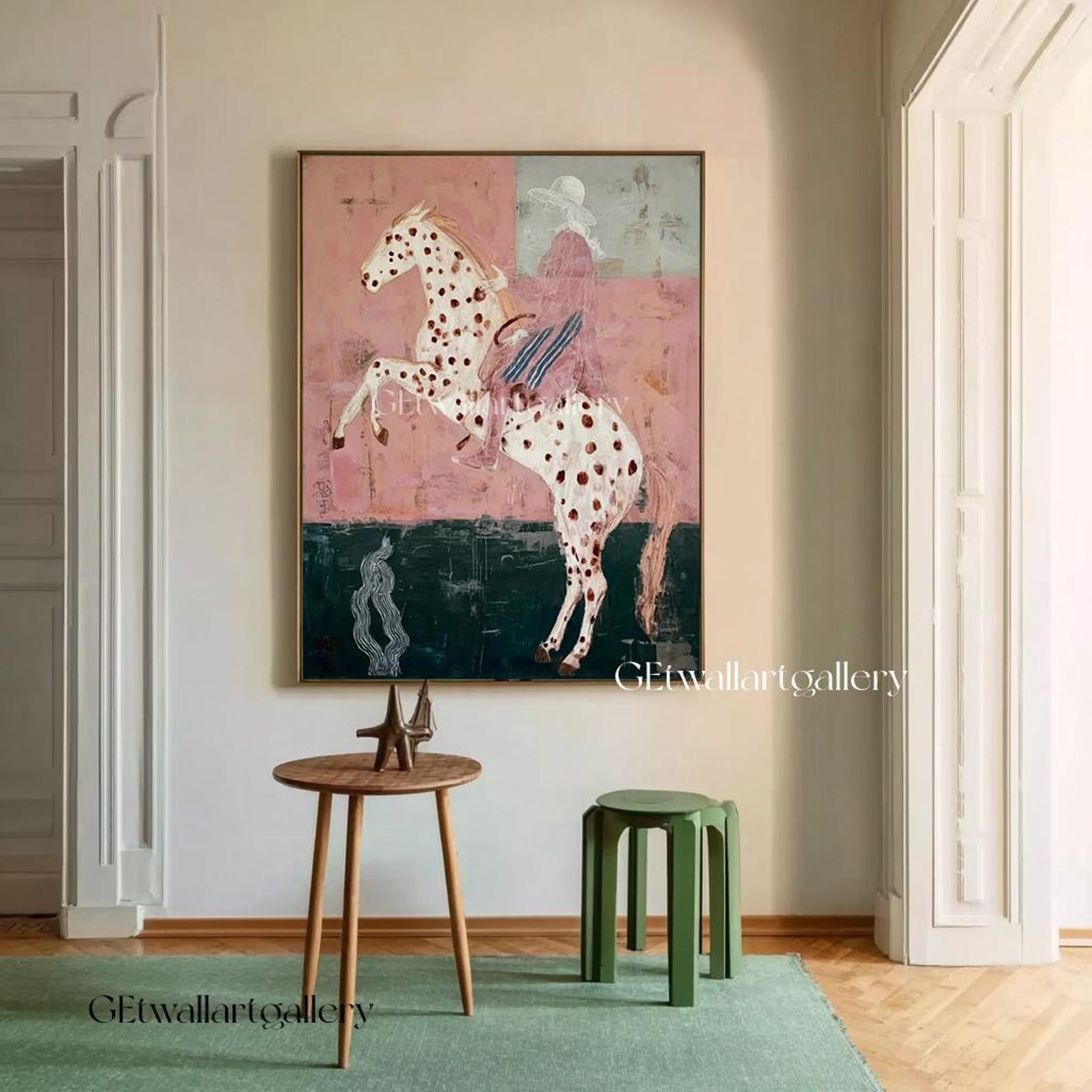 Original Woman Horse Rider Oil Painting,pink & Green Texturd Wall Art ...
