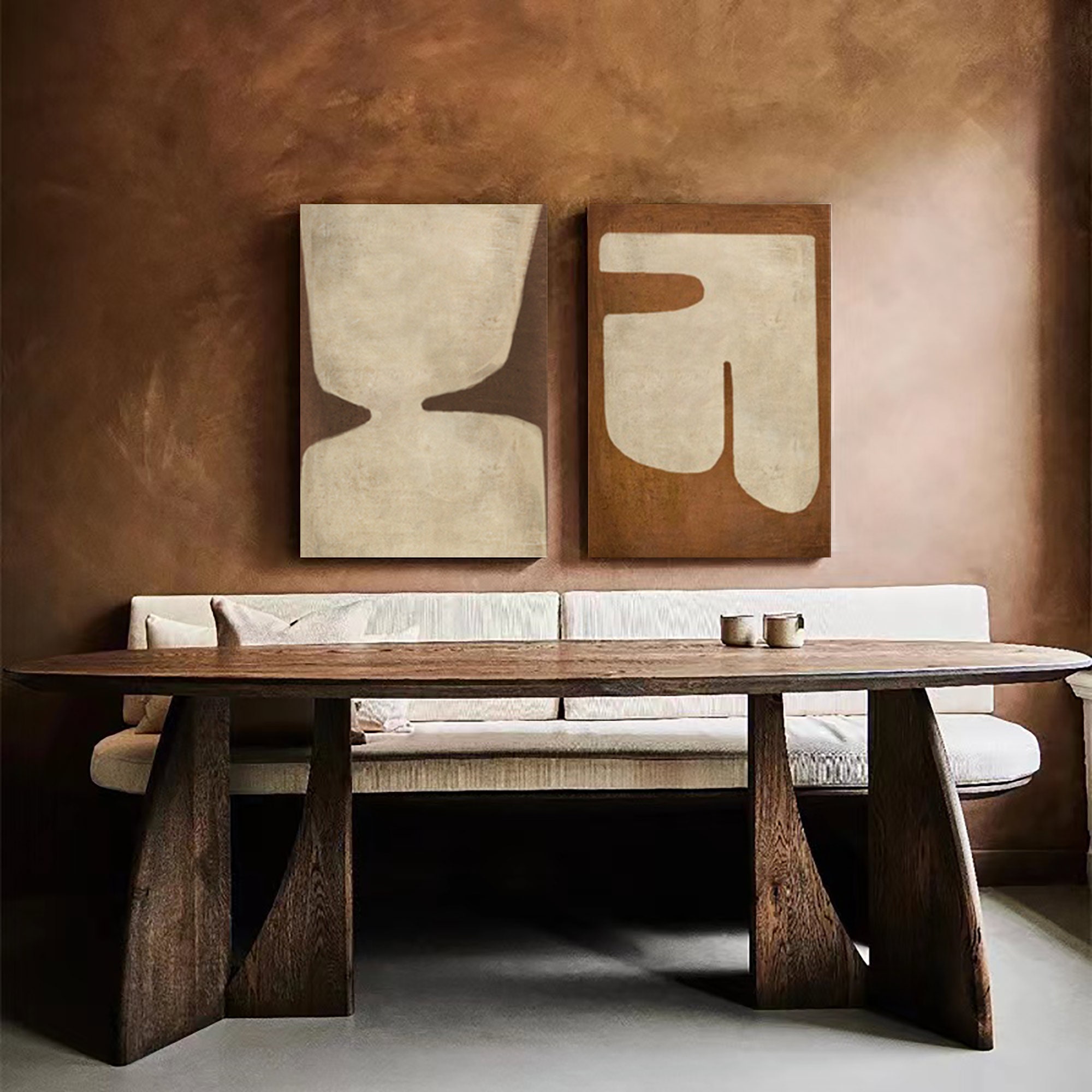 Brown Abstract Painting Set of 2 Wall Art 2 Piece Brown and Beige ...