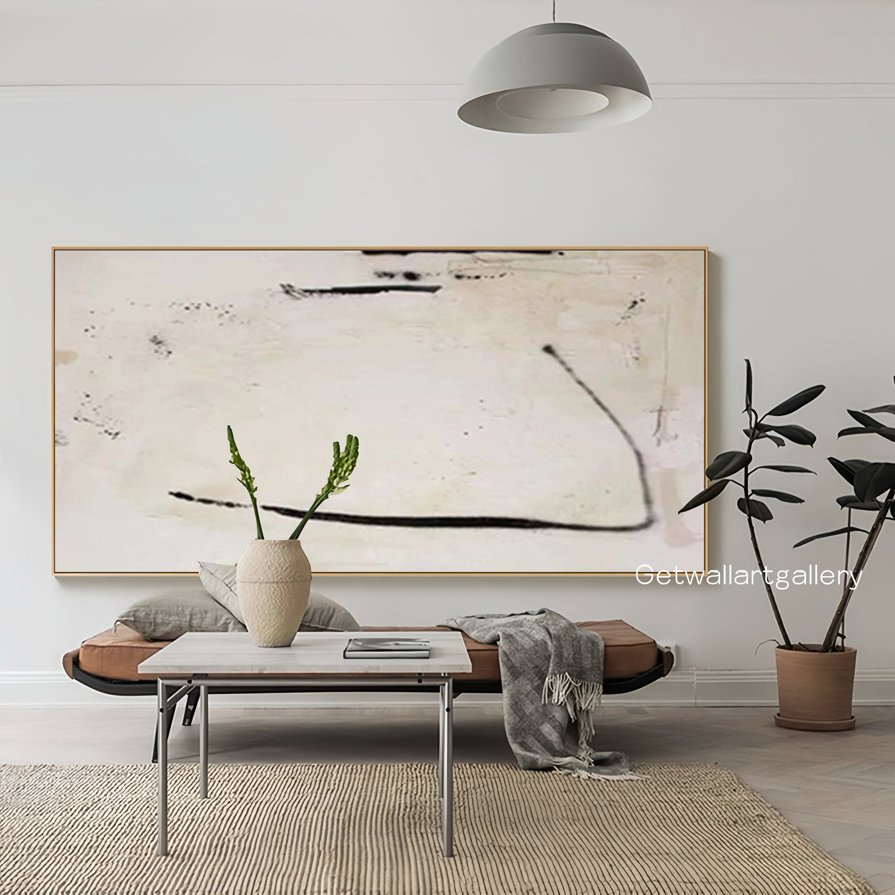 Oversize beige chiaro wabi-sabi arte murale piccola linea nera dipinto su tela arte neutra tela beige arte minimale su tela per soggiorno