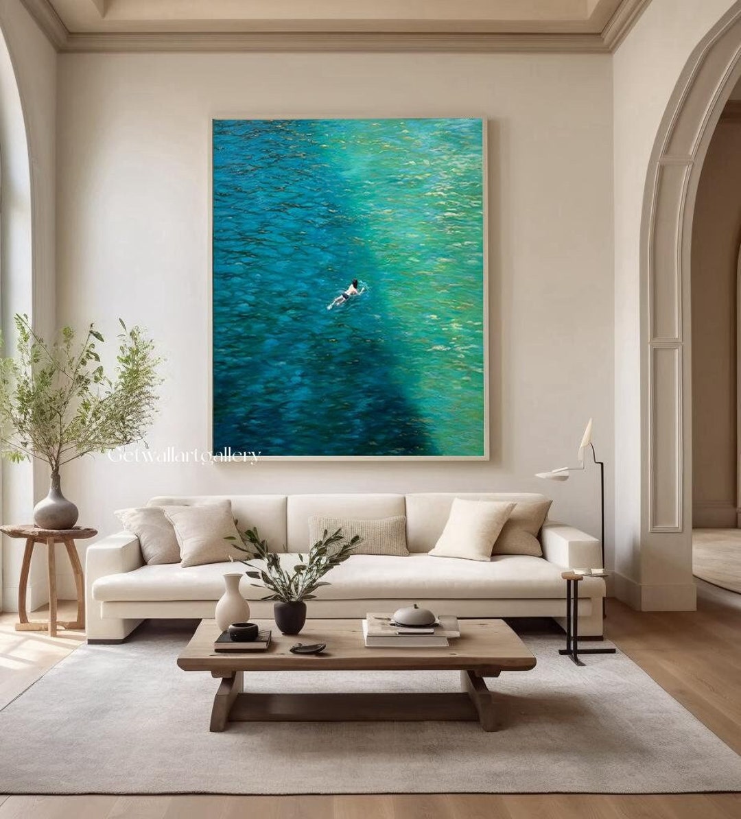 Original Blue Abstract Landscape Wall Art Tiny People Swimming in a ...