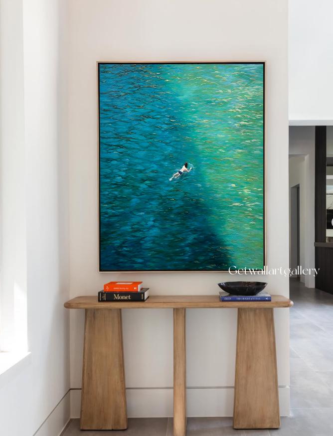 Original Blue Abstract Landscape Wall Art Tiny People Swimming in a ...