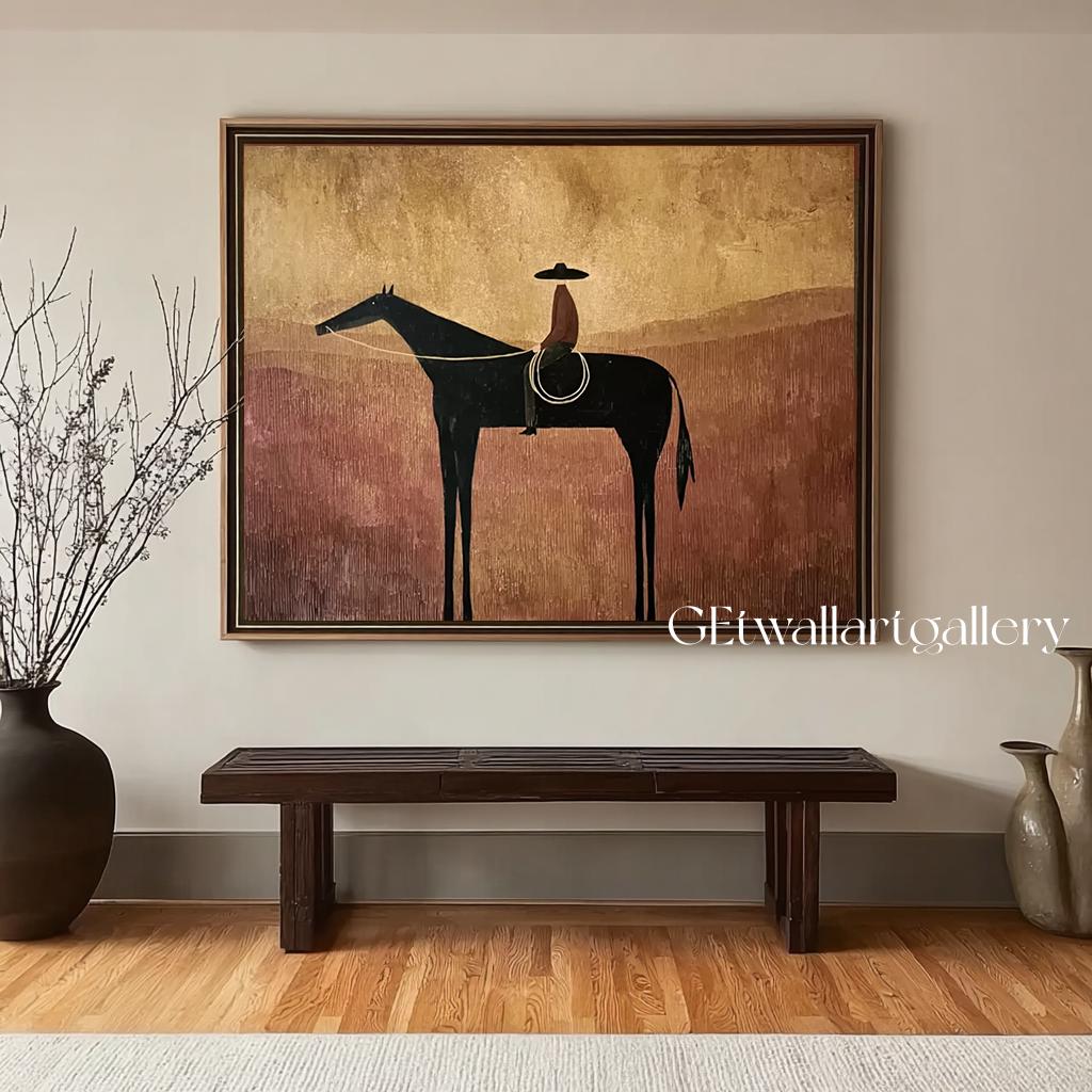 Brown Abstract Horse Rider Figure Painting Original Western Cowboy Wall ...