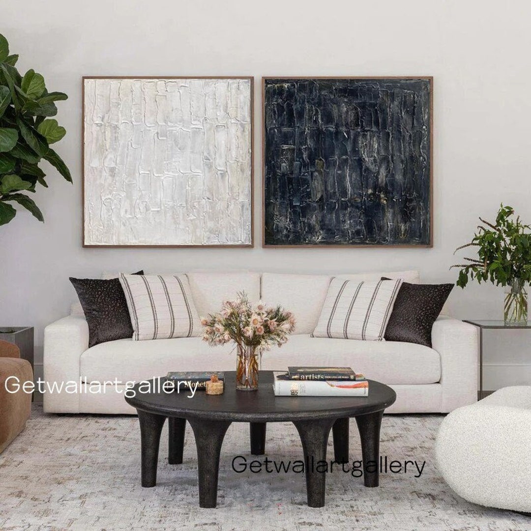 Set of 2 Black and White Textured Wall Art Black Textured Art White