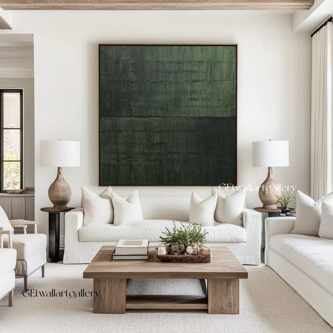 Arte de Parede Abstrata em Tela Texturizada Verde Escuro Estilo Wabi-Sabi