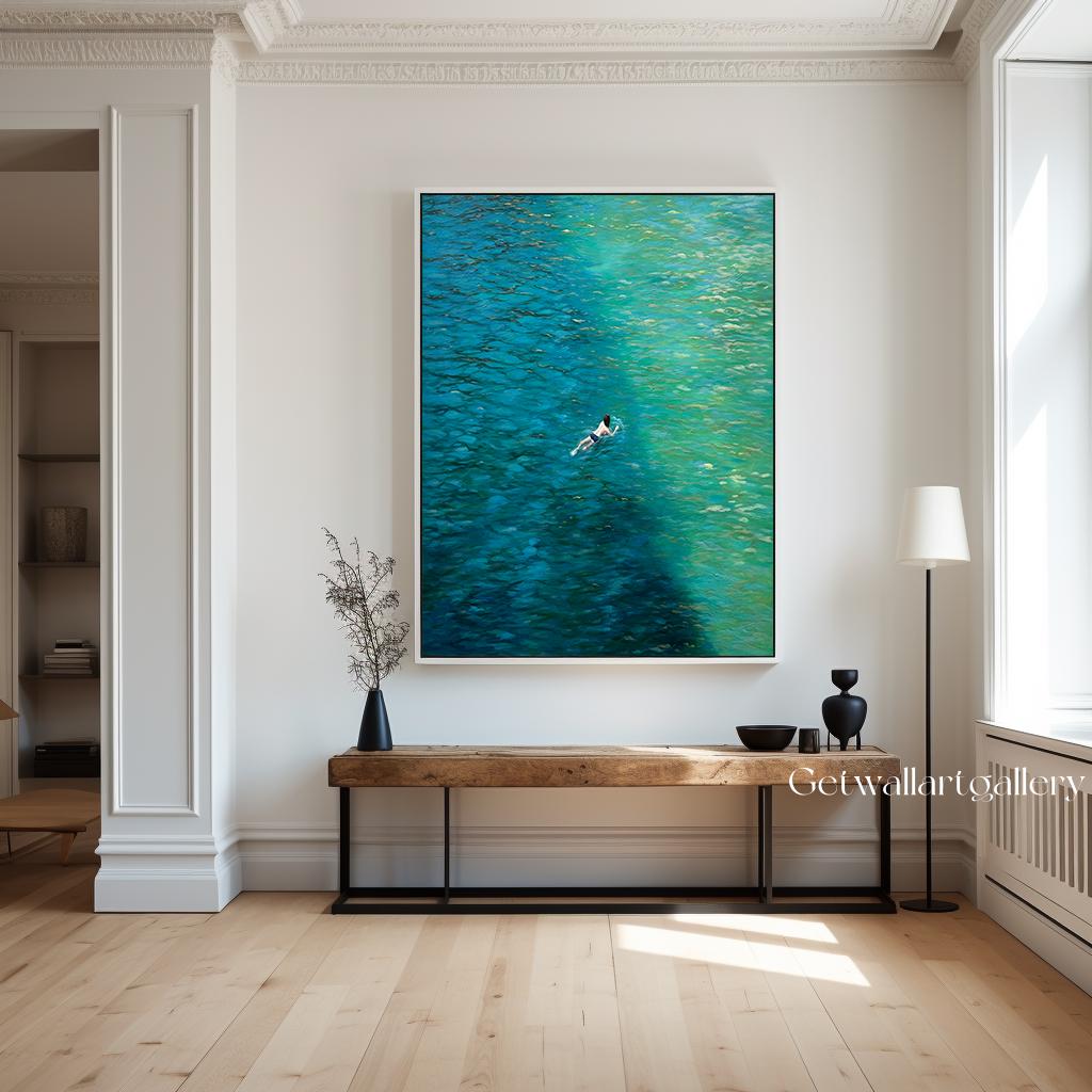 Original Blue Abstract Landscape Wall Art Tiny People Swimming in a ...