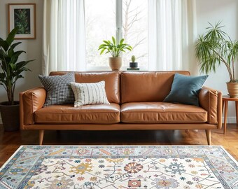 Handgeknoopt oushak-tapijt: 8 x 10 ivoorwollen vloerkleed