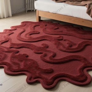 Rose Red Wavy Hand-Tufted Wool Area Rug | Modern Abstract Design size 8*10 A masterpiece rug for Living room and bedroom.