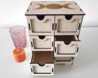 Cofre de boticario de madera de triple luna, organizador de cristales de brujería