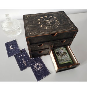 Doos met orakelkaarten met 5 lades, kristallen opbergdoos, 4 tarotkaarten, heksenaltaar, maanstanden, spiritueel cadeau