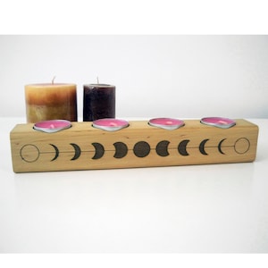 Wooden moon phase tealight holder, Сandlestick for 4 tea lights, Wiccan decor