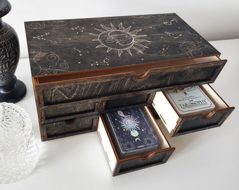 Wooden Tarot Deck Organizer Crystal & Jewelry Storage Box