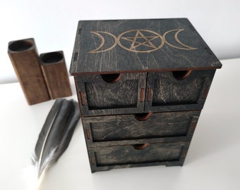 Cofre de boticario de bruja: caja de altar de madera con cajones
