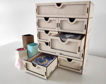 9-Drawer Birch Tarot Box Crystal & Jewelry Organizer, Witchy Altar