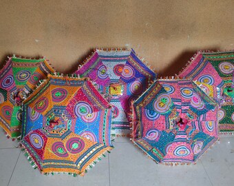 Floral Embroidered Cotton Parasol: Handmade Indian Decor, Sunshade