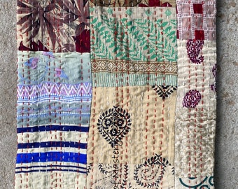 Handmade Silk Patchwork Kantha Quilt: Bohemian Bedspread Throw Blanket