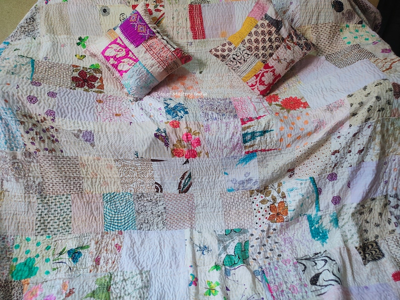 Bohemian Patchwork Quilt Kantha Quilt Handmade Vintage Quilts Boho Bedding Throw Blanket Bedspread Quilting Hippie Quilts For Sale White