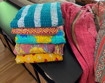 Colcha boho kantha, manta indiana reversível, tecido de algodão vintage